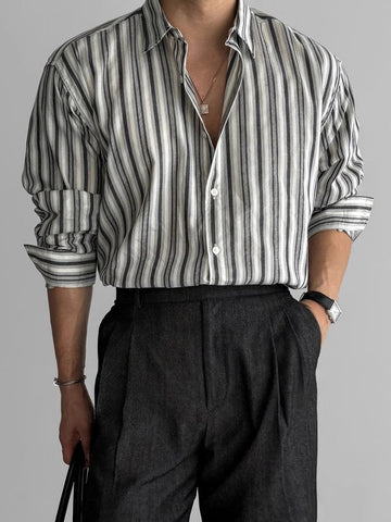 AIDASE  -  Autumn Vintage Button-up Turn-down Collar Shirt For Men Outdoor Fashion Loose Cardigans Casual Long Sleeve Mens Striped Shirts aidase-shop